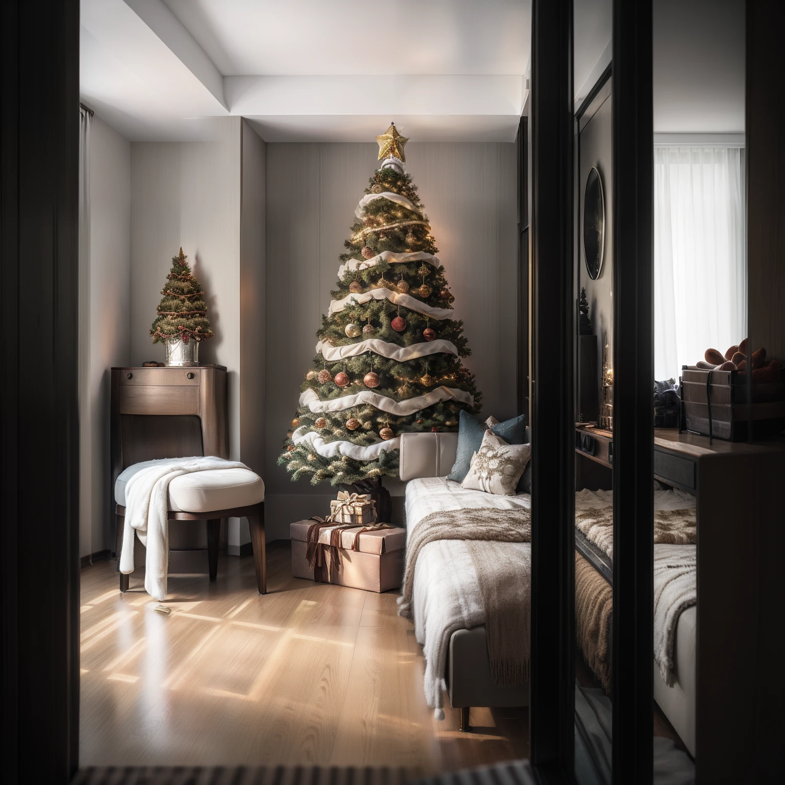 Warm room，Wooden floors and Christmas tree，You can see the door of the room，People and pets