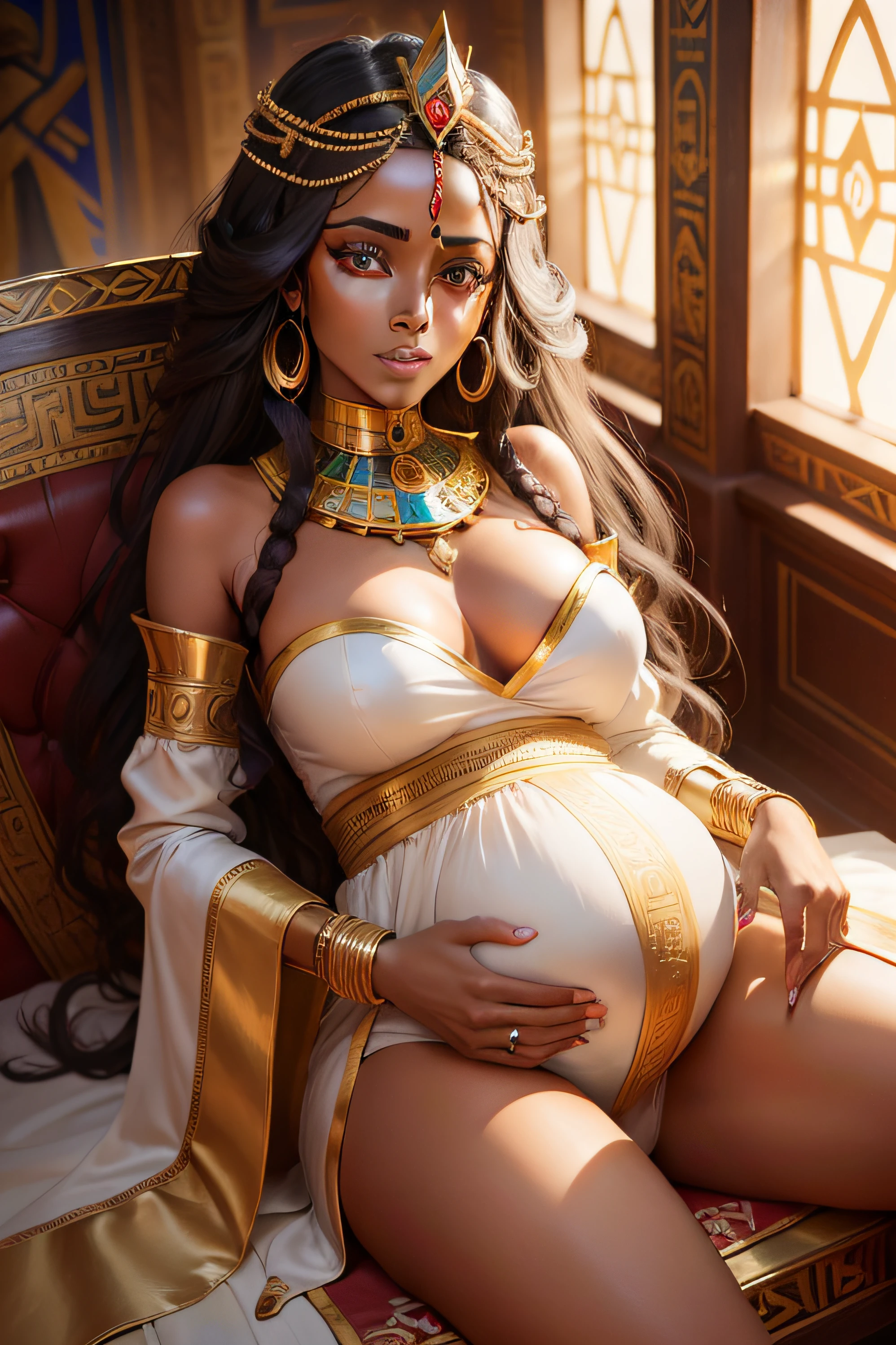 Visualize the scene of a pregnant Queen Abeba Alemayehu giving birth to Menelik in a grand chamber within her palace. The room is adorned with Ethiopian motifs and rich fabrics, while attendants and advisors from both Ethiopia and Israel gather with expressions of joy and anticipation. stunning ethiopian queen, egyptian queen, beautiful goddess, gorgeous woman, ancient queen of sheba, ethiopian queen, a beautiful fantasy empress, young goddess together with brown skin man egyptian king, a portrait of the character, detailed character portrait, character painting, beautiful character painting, beautiful androgynous king, male artificer, stunning character art.