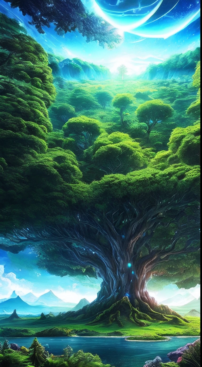 Illustration of a surreal, otherworldly, hyper sky scene including a giant crystal tree full body, highly detailed and magical lighting, intricate forest details, vegetation and surrounding river, solar punk, landscape, giant tree , beautiful green leaves, beautiful lighting and realistic proportions, as if this is a movie background, 8k, highest quality, masterpiece, clouds and stars in the sky.