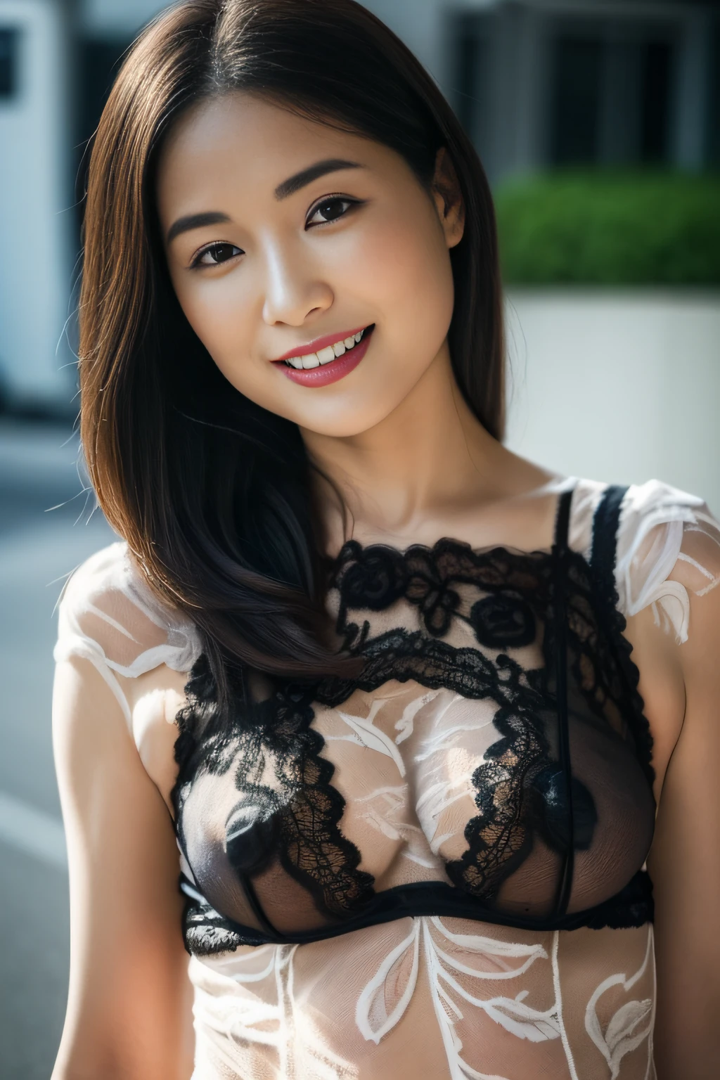 (Hot sexy ultra-thin black breastless lace sheer lingerie_Quarter cup bra:1.3),A little ugly face,Beautie,Seductive smile、naughty expression、Heavy breathing,Full body shot, masutepiece, Best Quality, (Photorealistic:1.4), a photography of a beautiful woman, 3 point perspective, Smiling, Perfect face, Detailed face.(standing nipple:0.8),(Outdoor photography_On the streets of the city:1.2)、Daytime,