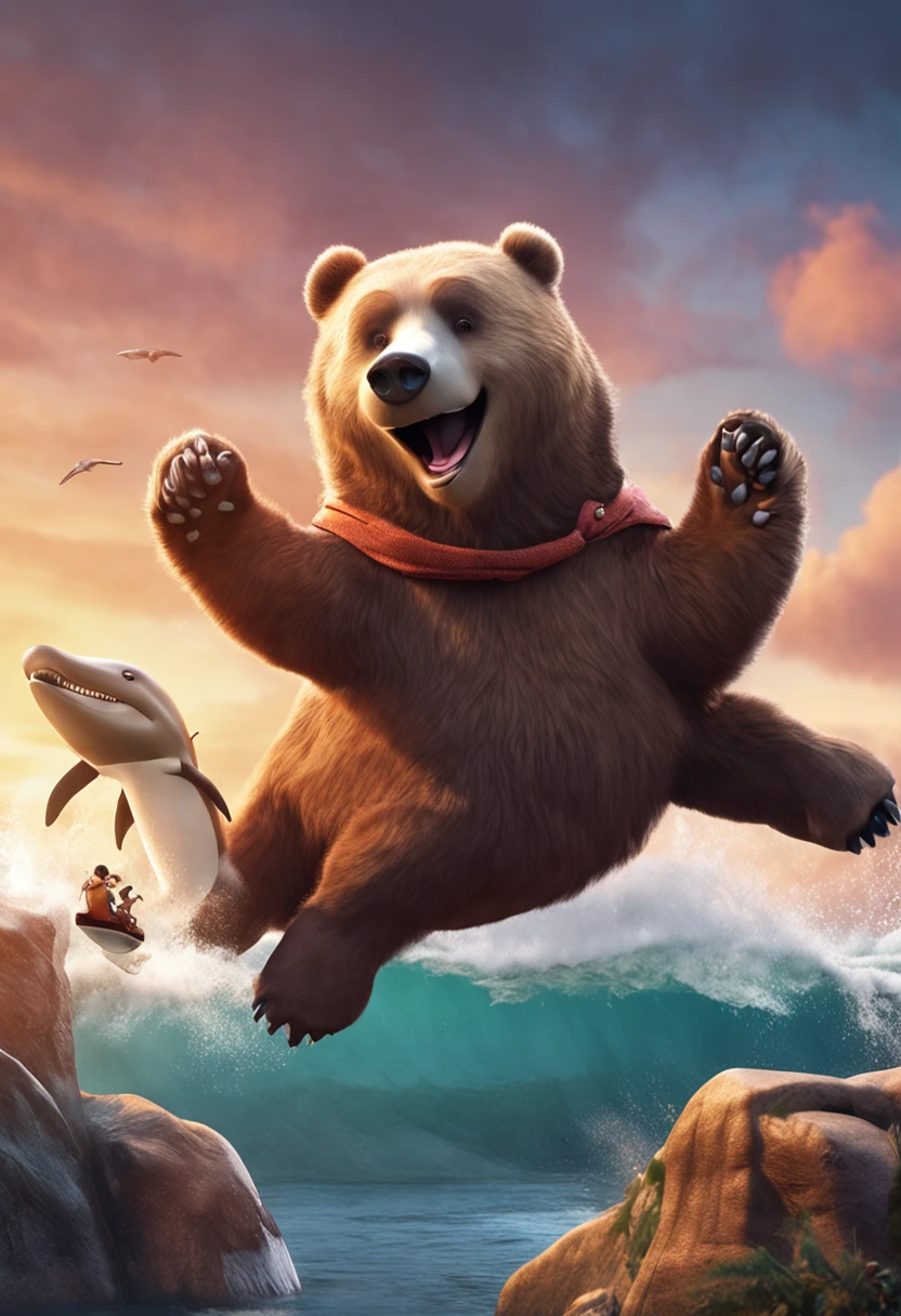 A bear is riding on a whale and pointing forward with a smile