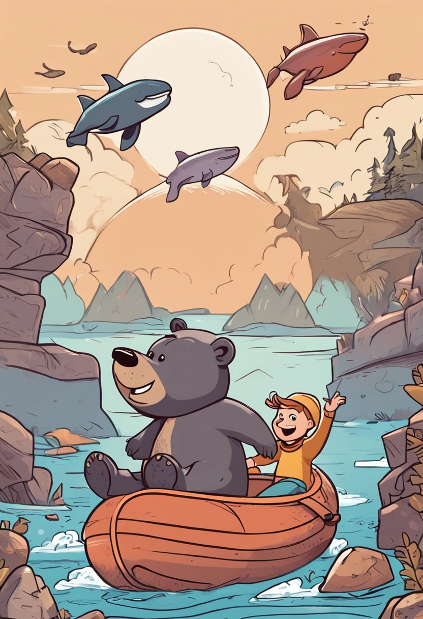 A bear is riding on a whale and pointing forward with a smile