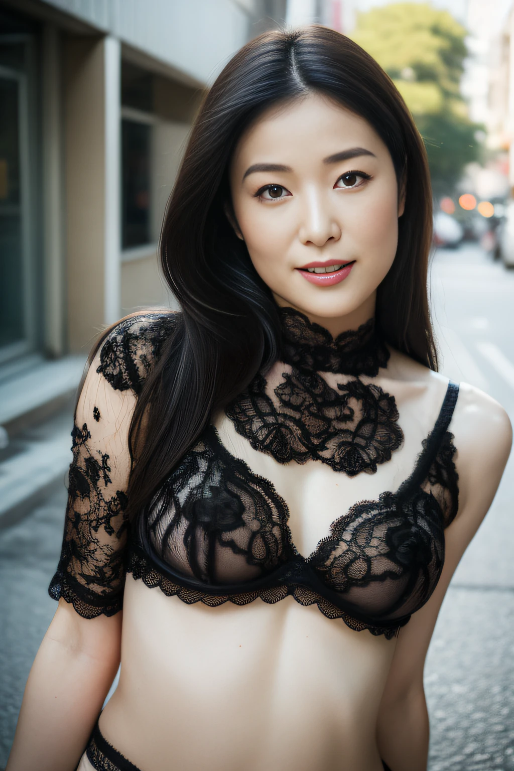 (Hot sexy ultra-thin black breastless lace sheer lingerie_Quarter cup bra:1.3),A little ugly face,Beautie,Seductive smile、naughty expression、Heavy breathing,Full body shot, masutepiece, Best Quality, (Photorealistic:1.4), a photography of a beautiful woman, 3 point perspective, Smiling, Perfect face, Detailed face.(standing nipple:0.8),(Outdoor photography_On the streets of the city:1.2)、Daytime,