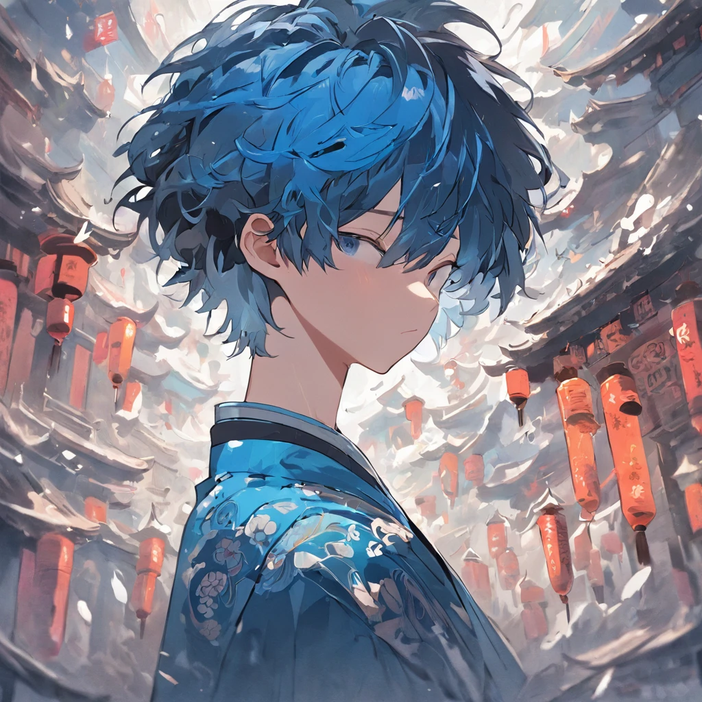 (White background:1.4),(Silhouette of a boy's head, Eyes closed, Short blue and bowl hair, Oriental elements),(Chinese illustration:1.3,paper art:1.3, Quilted paper art:1.2),( Reasonable design logo, Clear lines, High sharpness,Best quality, Very detailed, Masterpiece, movie light effect, 4K ), bowl haircut, undercut hair