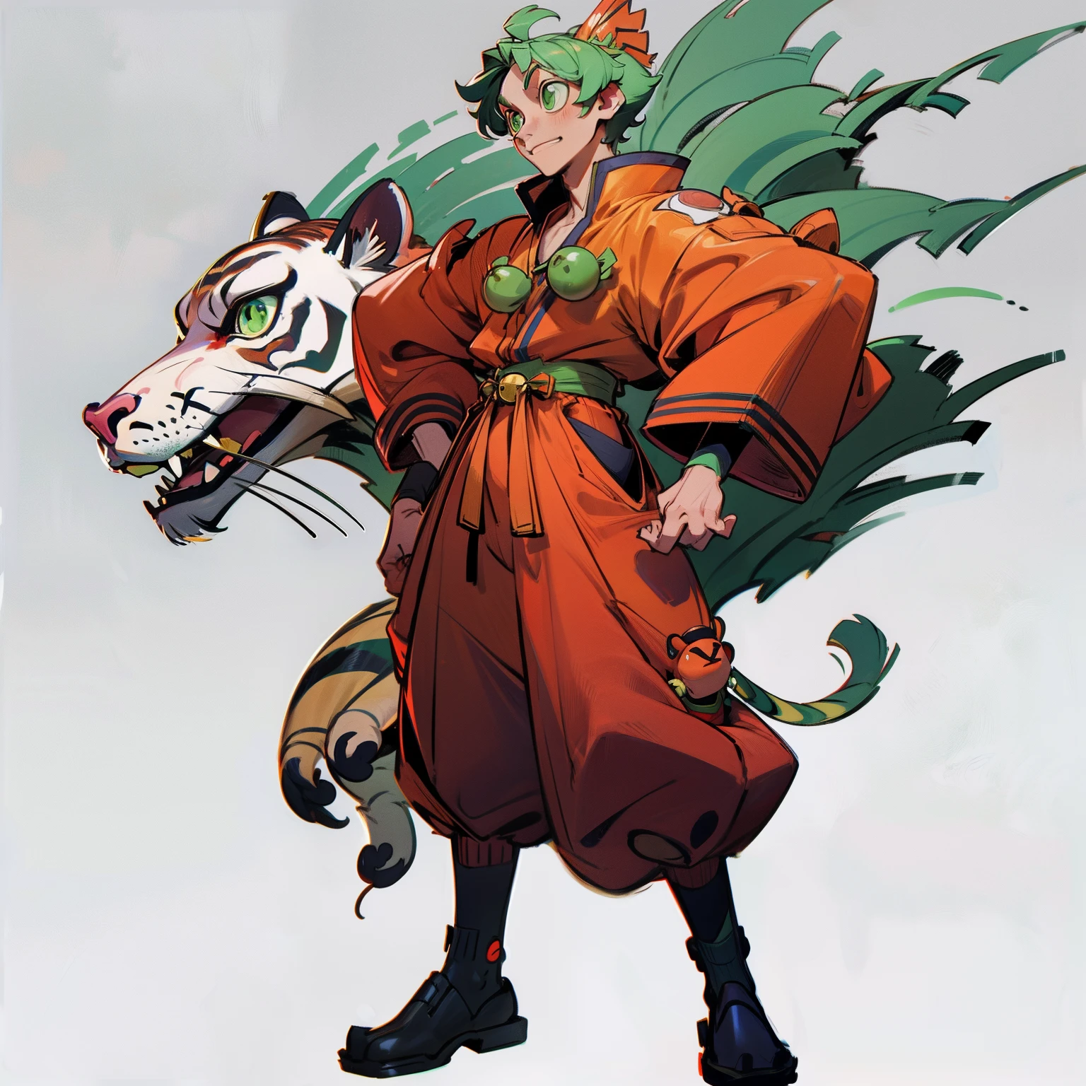 masutepiece, Best Quality, Full body shot, No background, White background, Green cat eyes, Pheasant tiger, Man's, red collar with a bell,