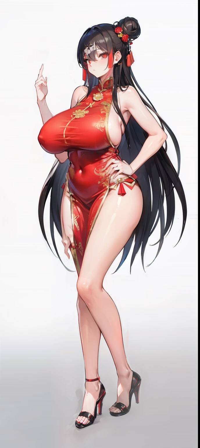 Red cheongsam，Black heels，Largest breasts,Largest breasts,Largest breasts,Largest breasts,Largest breasts