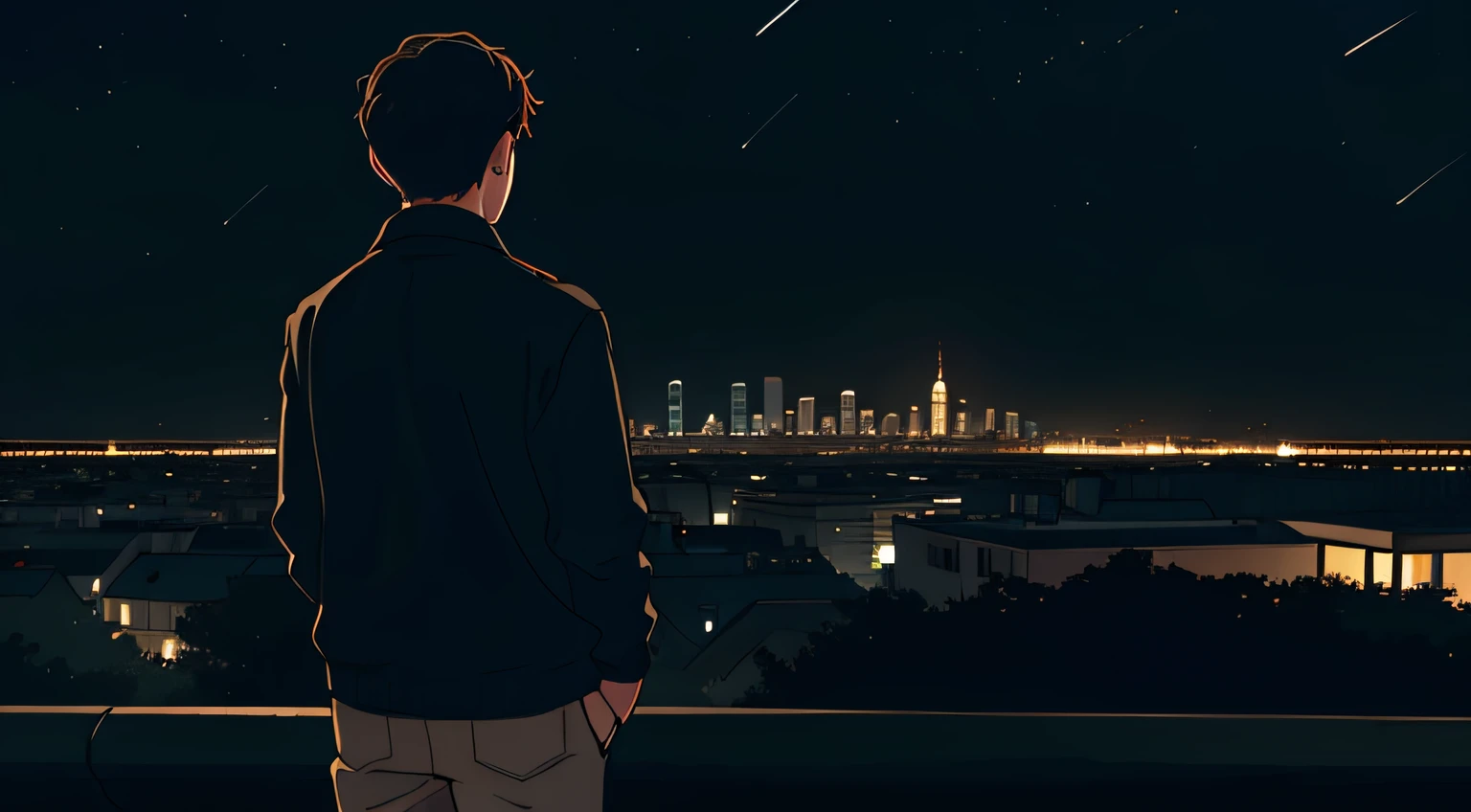 Young man looking at night view of city