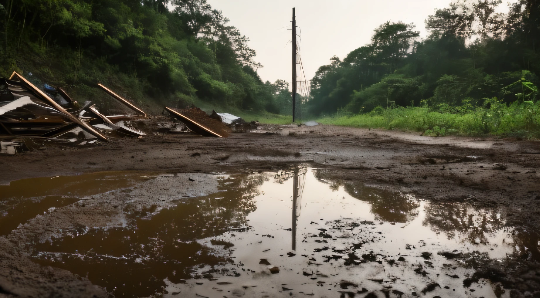 Moon Night,deep in the night、White fine moonlight,A wasteland、an overgrown、Contre-Jour、darkly、deep colour、Road area water、Small pool in the wilderness、Collapsed building remains、Detail of brick and wood on the floor、Muddy ground