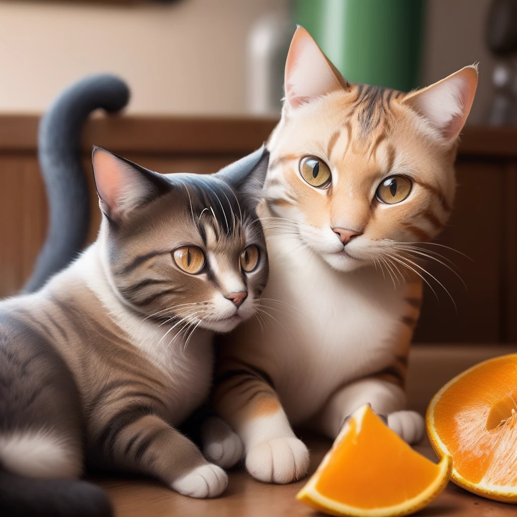 Gato laranja tirando foto com 2 cachorros