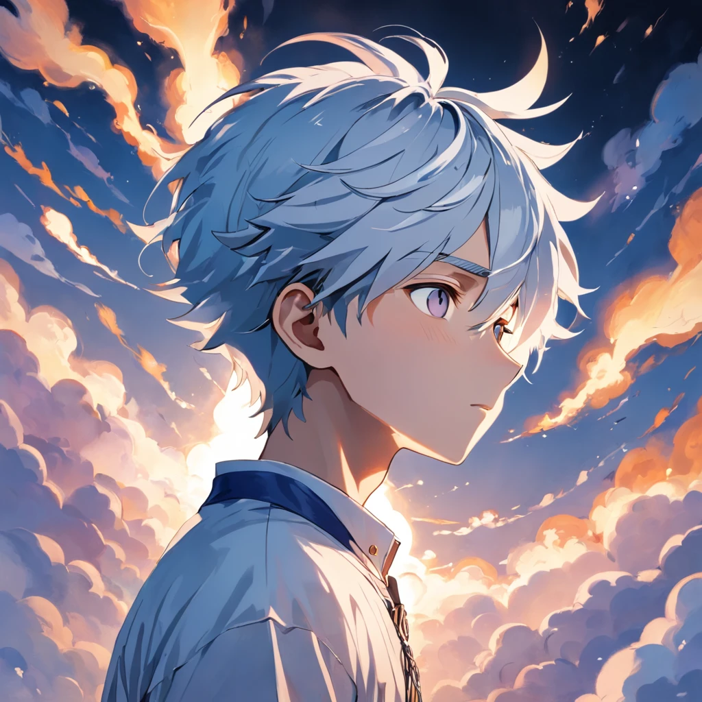 masterpiece, best quality, movie still, 1boy, cloud boy, floating in the sky, close-up, bright, happy, warm soft lighting, sunset, (sparks:0.7),(White background:1.4),(Silhouette of a boys's head, Eyes closed, colorfull, Oriental elements), ((Chinese illustration:1.3))，paper art:1.3, Quilted paper art:1.2),( reasonable design, Clear lines, High sharpness,Best quality, Very detailed, Masterpiece, movie light effect, 4K ),pale skin and short, blue hair with an undercut on the lower third of the back of his head, but his bangs hang down his face to partially cover his missing eye and white medical eye patch, It is implied that his hair has been dyed white due to the presence of black growth on his lower section,he is noted by others to be as handsome as a model,Regardless of his outfit, he wears a tag on a chain suggesting personal devotion, he wears a white medical eye patch over He's right eye,he has two thin, purple rings on his index finger and ring finger, respectively,Both ears are perforated and two on a short chain,he wears earrings that look like small rings from which an isosceles triangle dangles