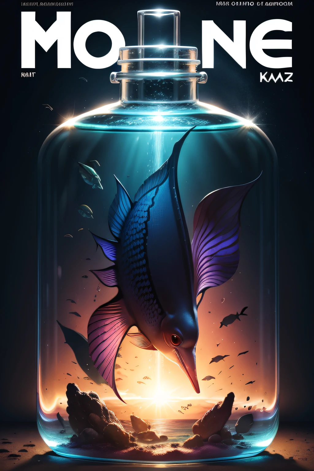 Magazine cover of marine animals in glass bottles , vivd colour, volumettic light