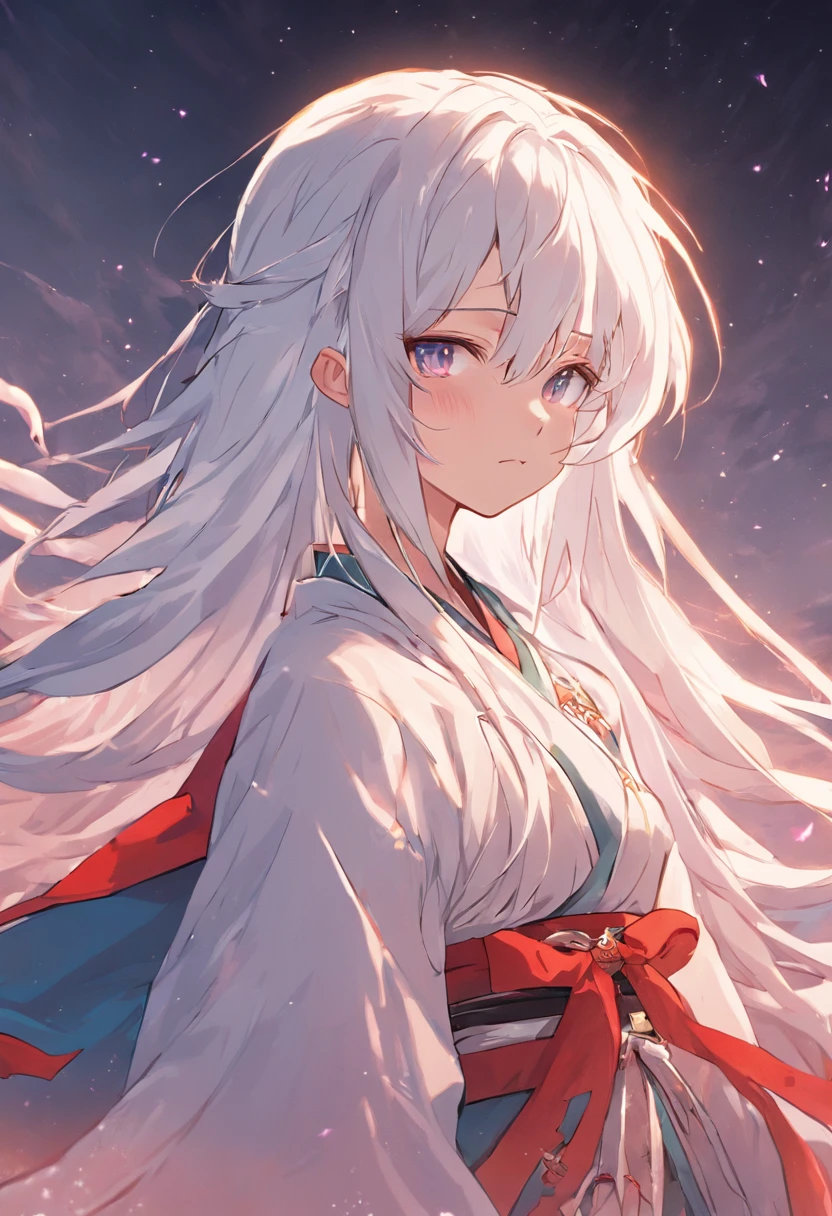 long  white hair，China-style，period costume，The sword，Faraway view，full bodyesbian，animemanga girl，Facial detailed，Cute expressions，Moon