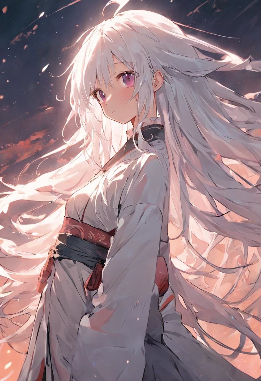 long  white hair，China-style，period costume，The sword，Faraway view，full bodyesbian，animemanga girl，Facial detailed，Cute expressions，Moon