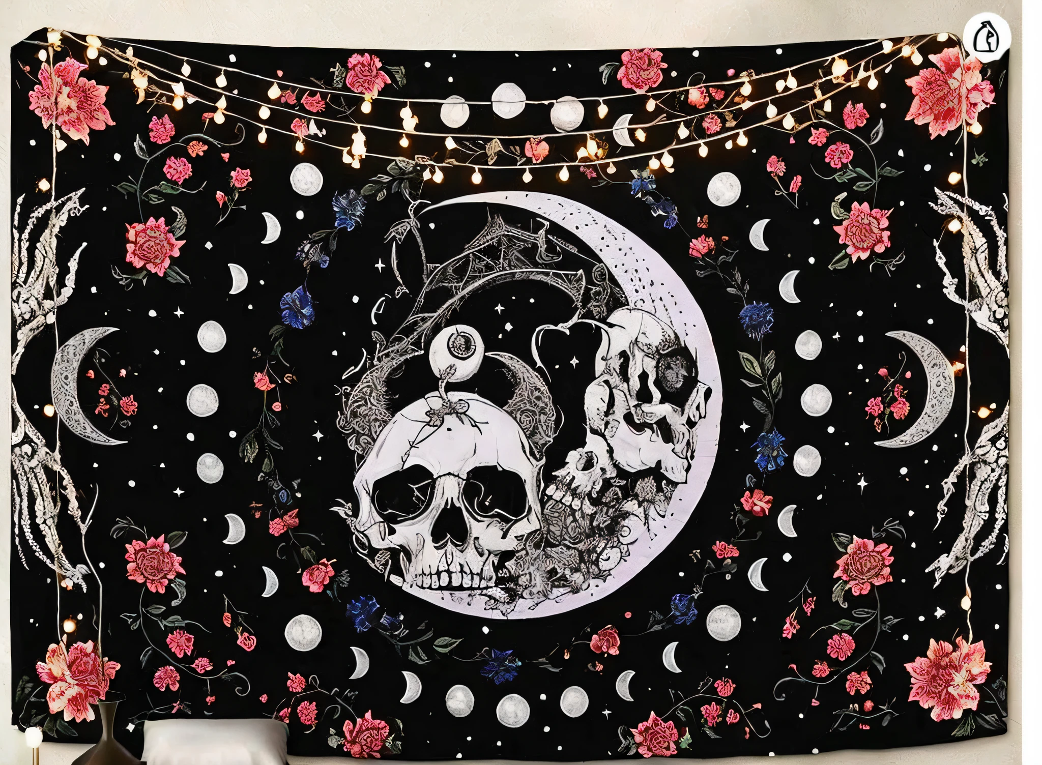 Close-up of tapestry with skull and crescent moon, tapestry, tapestries of dreams, made of intricate lace skeleton, Decorated with demon skulls, Occult inspiration, ✨🕌🌙, Sacred skull, Intricate tapestries, witch clothes, darkly, dark and intricate, very detailed and high quality, Mysterious Highly detailed, high-quality picture, Goth