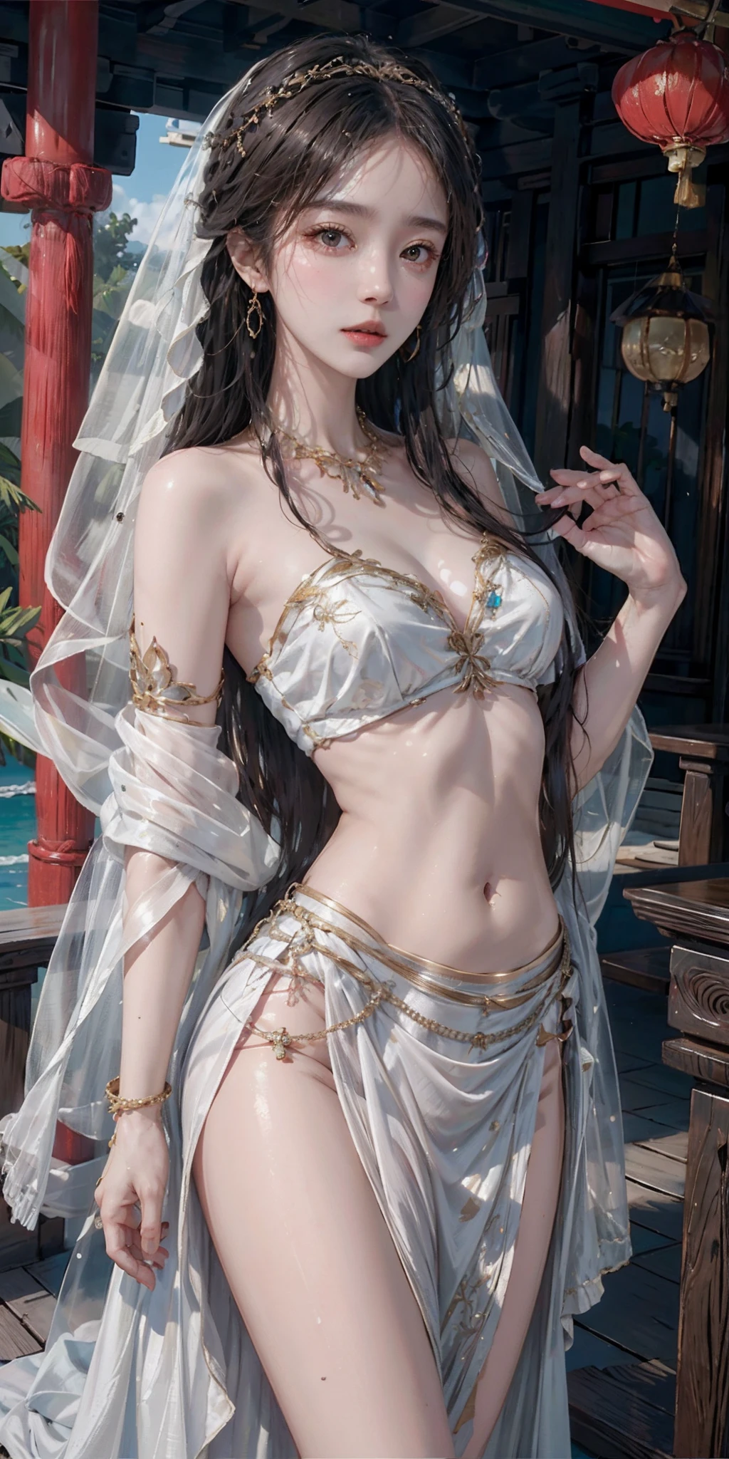 photorealistic, high resolution, soft light,1women, audult, solo, hips up, shining skin, (detailed face), jewelry, tattoo, china goddes, veil, midriff, bare shoulder