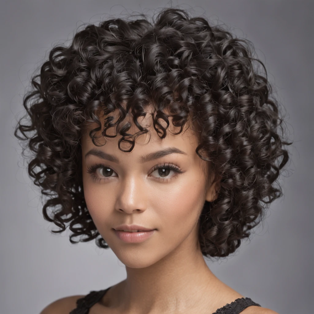 African American girl around 30 years old with curly hair, curly and short top hair, Short black curly hair, Short curly hair, curly bang, very short curly hair, Black curly hair, Messy curls, Roll and blanch, Curly Black Hair Natural black hair，8 inches long