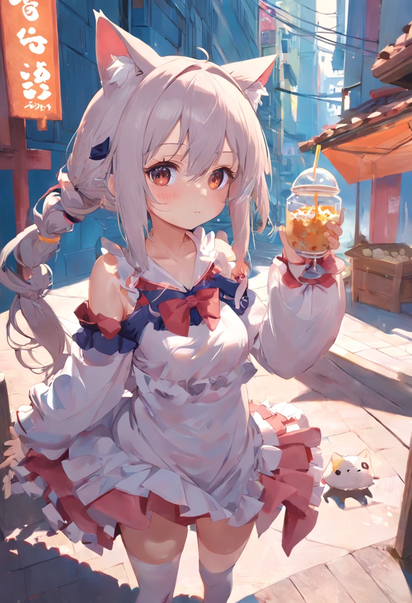 No ruffles are needed on the arms，Fique no jardim，Anime cat ear girl wearing a piece, Dressed Lori having breakfast, ??????????? loli, Arte no estilo de Guweiz, Guweiz em Pixiv ArtStation, Guweiz em ArtStation Pixiv, Guweiz, menina pequena loli, Soft anime illustration, Visuais de anime de garotas fofas, arte de anime digital detalhada