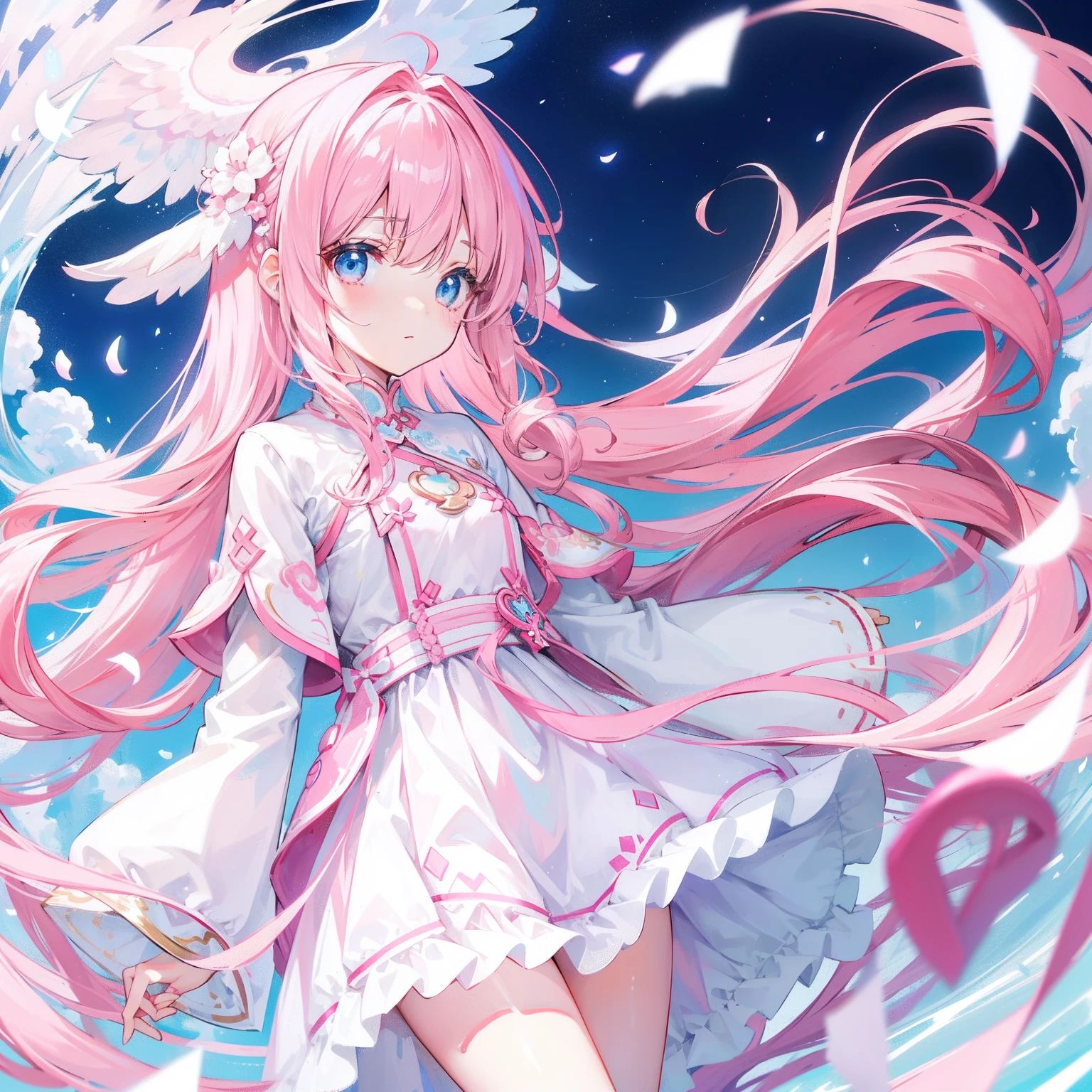 Long hair with light pink and white,Blue, White and pink clothes,She is a cute and cute girl,Transfer sister,It looks very light and gentle