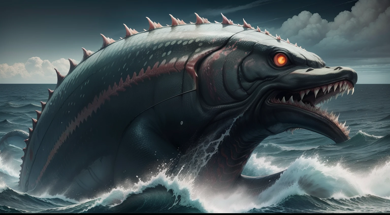 Giant mutant salmon monster on the Japanese ocean,Dark wind,nausea,The surface color turns green,Rotten eyes,A lot of tentacles have grown,Lots of eyes,Scene of going ashore to attack humans,Realiy,There is impact