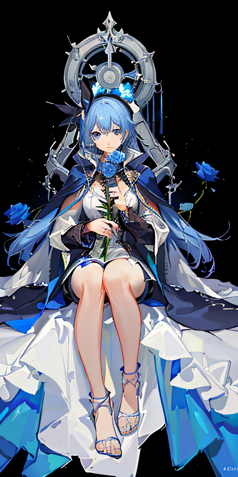 (the golden ratio:1.2),(Blue rose:1.2),[(White background:1.4)::10],(full bodyesbian:1.2),(ultradetailed:1.3),(:1.6)(cruel:1.2),(Long light blue hair),(hair accessory with blue rose),(Star sapphire hair accessories:1.0),(（Long blue dress:1.0)+(Dark cape coat:1.3)+(Fluttering blue tassels and ribbons:1.2 )(eBlue eyes:1.3)