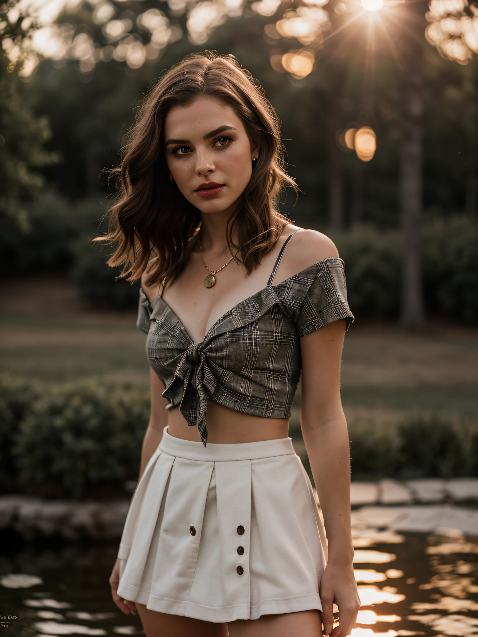 (Subscribe to_v1:1.0), beautiful blonde woman (Subscribe to_v1:1.0), masterpiece, best quality, (photorealestic:1.4), (ribbed henley crop top:1.25) e (Wide leather cargo pants:1.1), ((Decollete)), in the beautiful garden with flowers, cinematic light, beautiful woman, sslim, small breasts, wavy blonde hair, detailed face, Looking into the camera, photo taken from a distance, (sun set:1.3)