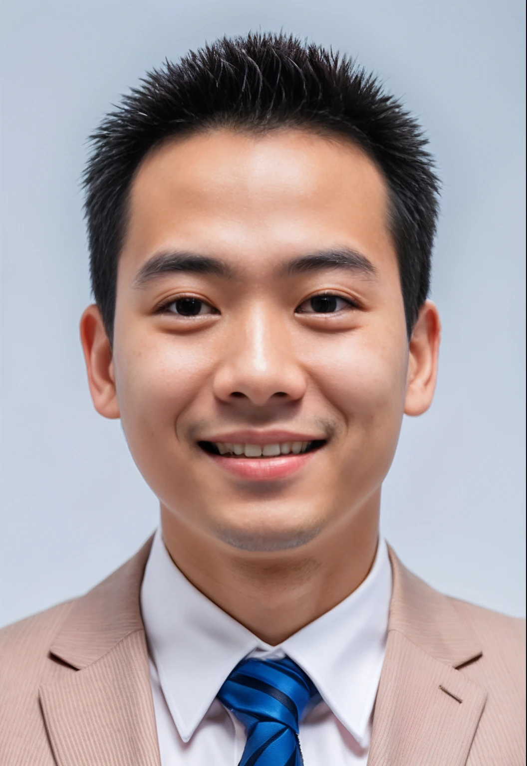 A young chinese man in a suit and tie smiling, White face, Dark brown short hair, Light blue glowing eyes, pexels contest winner, contest winner, A wealth of facial details, white background, UHD, textured skin, super detail, best quality, 8k