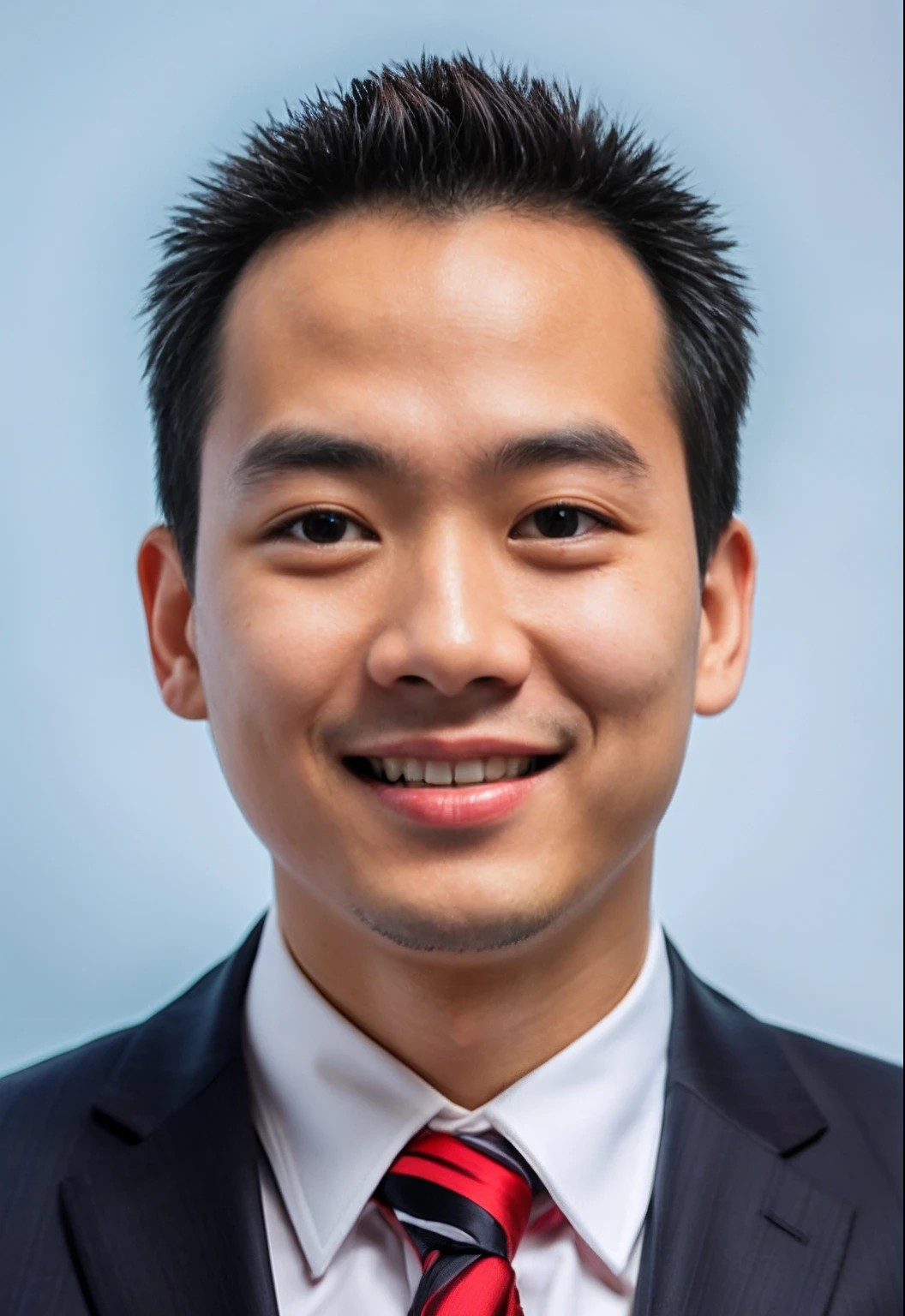 A young chinese man in a suit and tie smiling, White face, Dark brown short hair, Light blue glowing eyes, pexels contest winner, contest winner, A wealth of facial details, white background, UHD, textured skin, super detail, best quality, 8k