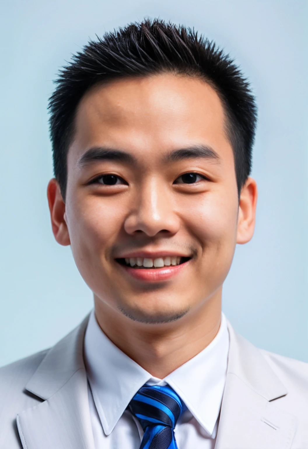 A young chinese man in a suit and tie smiling, White face, Dark brown short hair, Light blue glowing eyes, A wealth of facial details, white background, UHD, textured skin, super detail, best quality, 8k