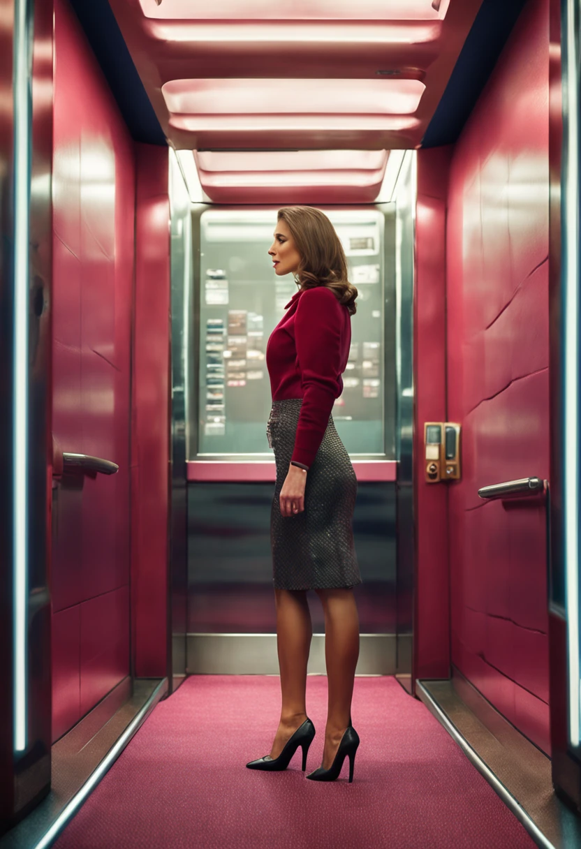 super realistic picture of a woman in mini skirt and high heels in an elevator