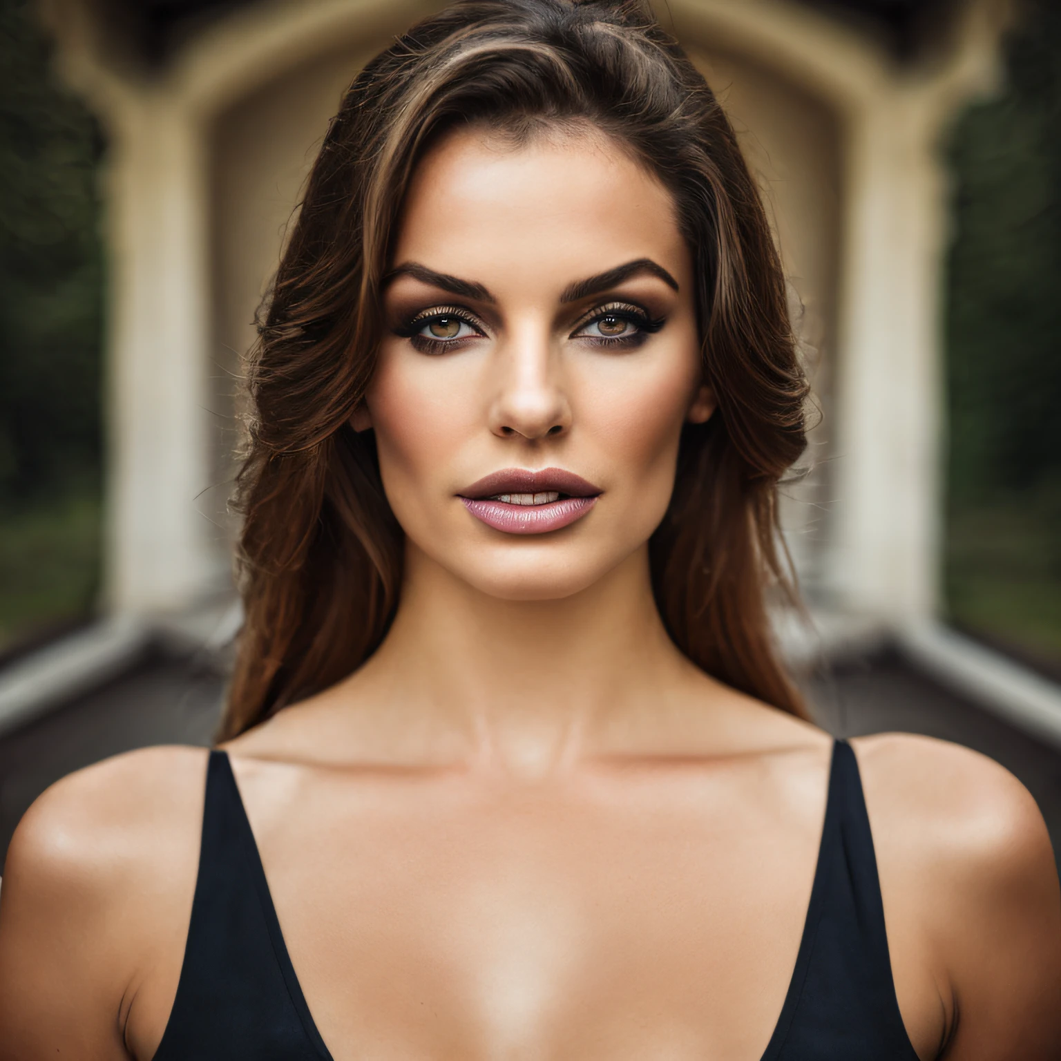 closeup portrait of a young sexy Ukrainian woman with revealing Fit and flare dress in Spa retreat , symmetrical face, Outdoor lighting, Brooding atmosphere, sharp eyes