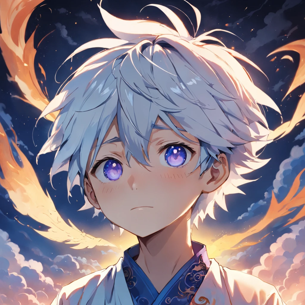 masterpiece, best quality, movie still, 1boy, cloud boy, floating in the sky, close-up, bright, happy, warm soft lighting, sunset, (sparks:0.7),(White background:1.4),(Silhouette of a boys's head, Eyes closed, colorfull, Oriental elements), ((Chinese illustration:1.3)),paper art:1.3, Quilted paper art:1.2),( reasonable design, Clear lines, High sharpness,Best quality, Very detailed, Masterpiece, movie light effect, 4K ),pale skin and short, blue hair with an undercut on the lower third of the back of his head, but his bangs hang down his face to partially cover his missing eye and white medical eye patch, It is implied that his hair has been dyed white due to the presence of black growth on his lower section,he is noted by others to be as handsome as a model,Regardless of his outfit, he wears a tag on a chain suggesting personal devotion, he wears a white medical eye patch over He's right eye,he has two thin, purple rings on his index finger and ring finger, respectively,Both ears are perforated and two on a short chain,he wears earrings that look like small rings from which an isosceles triangle dangles