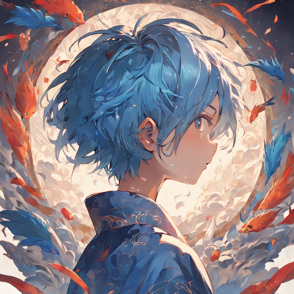 (White background:1.4),(Silhouette of a boy's head, Eyes closed, Short blue and bowl hair, Oriental elements),(Chinese illustration:1.3,paper art:1.3, Quilted paper art:1.2),( Reasonable design logo, Clear lines, High sharpness,Best quality, Very detailed, Masterpiece, movie light effect, 4K ), bowl haircut, undercut hair