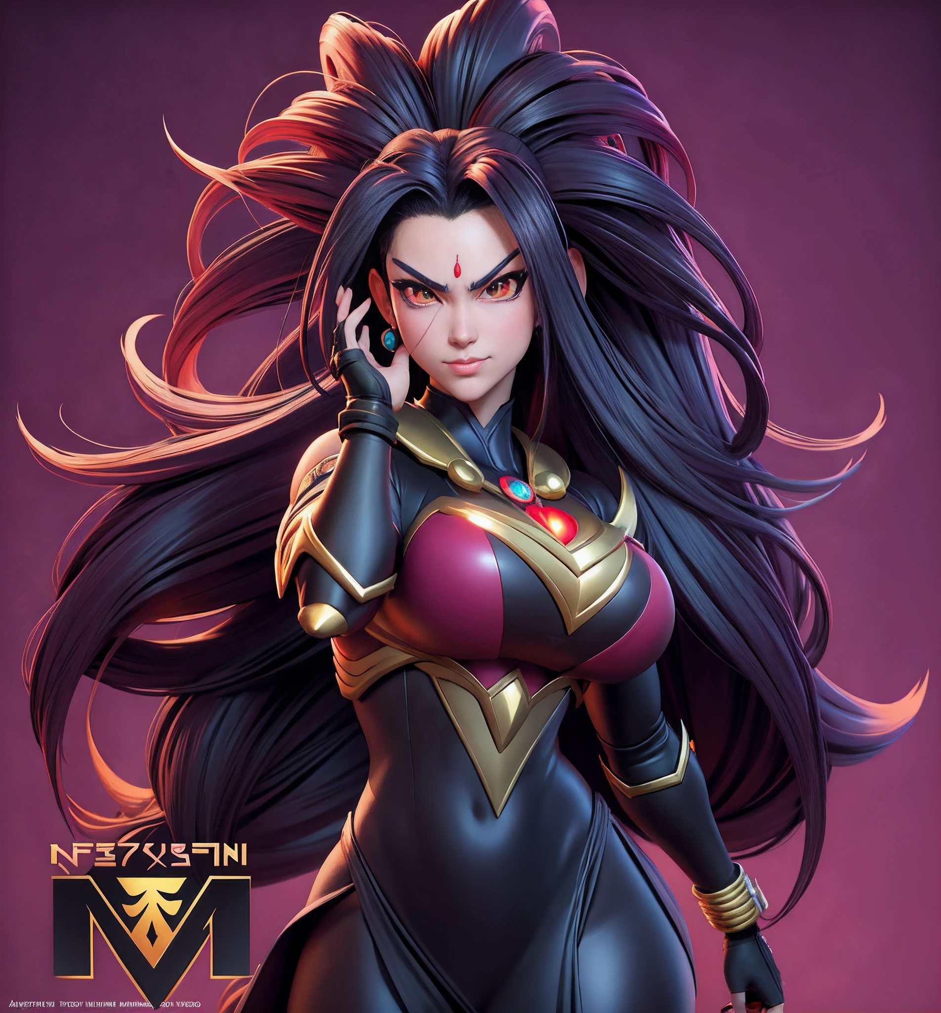 A cartoon image of a woman with a very large chest and very long hair, Fanart officiel, Saiyan fille, official artwork, Broly, Version SFW, pose intimidante, symmetry!! portrait of akuma, neuf queues, Art officiel, En tant que personnage dans Tekken, dans le style anime, Personnage de style anime, Detailed fanart, inspired by Taiyō Matsumoto, Artgerm,