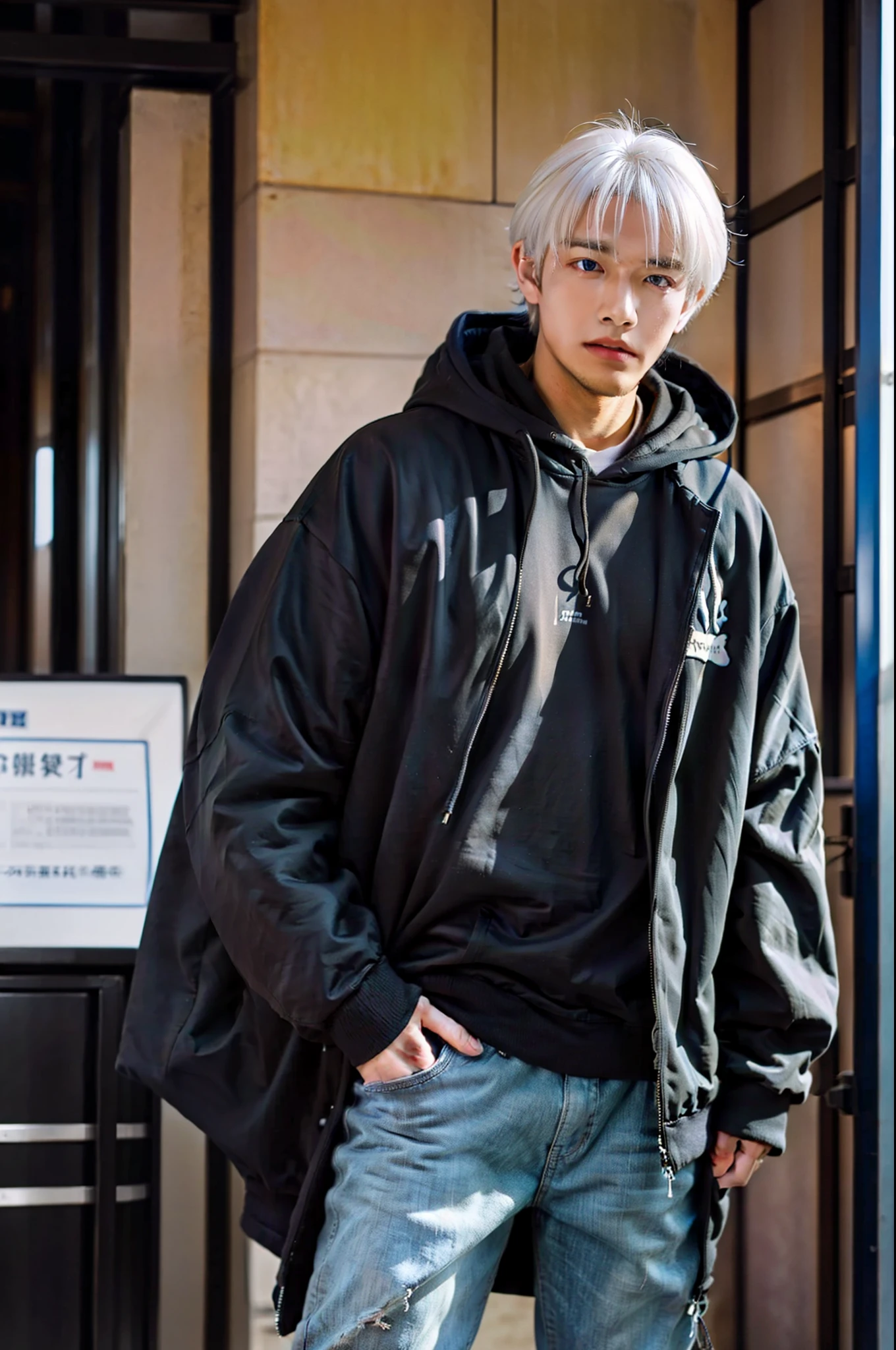A handsome and charismatic white-haired boy and a stunning black-haired girl with mesmerizing blue eyes. The boy is wearing a stylish black hoodie from BRAC University, paired with denim pants.