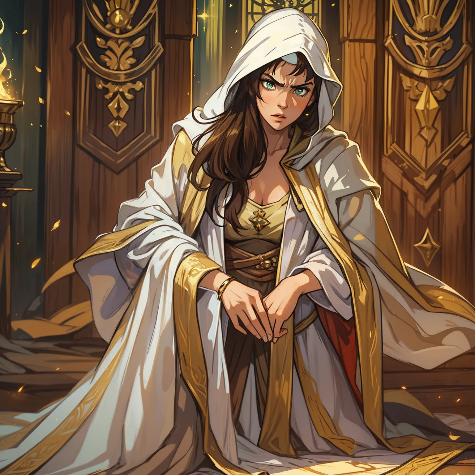 A beautiful sexy woman with green eyes and brown hair is a sorceress Wizard dressed in white and gold robes Noble robes A princess of magic and an angry look ((gritando furiosa)), dramatic wooden wallpaper An art for an RPG A medieval art for an RPG ((cabelo longo))