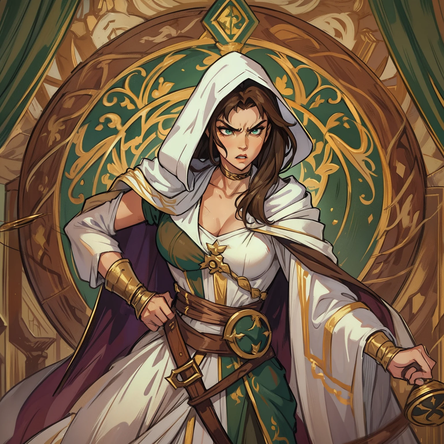 A beautiful sexy woman with green eyes and brown hair is a sorceress Wizard dressed in white and gold robes Noble robes A princess of magic and an angry look ((gritando furiosa)), dramatic wooden wallpaper An art for an RPG A medieval art for an RPG  ((cabelo longo))