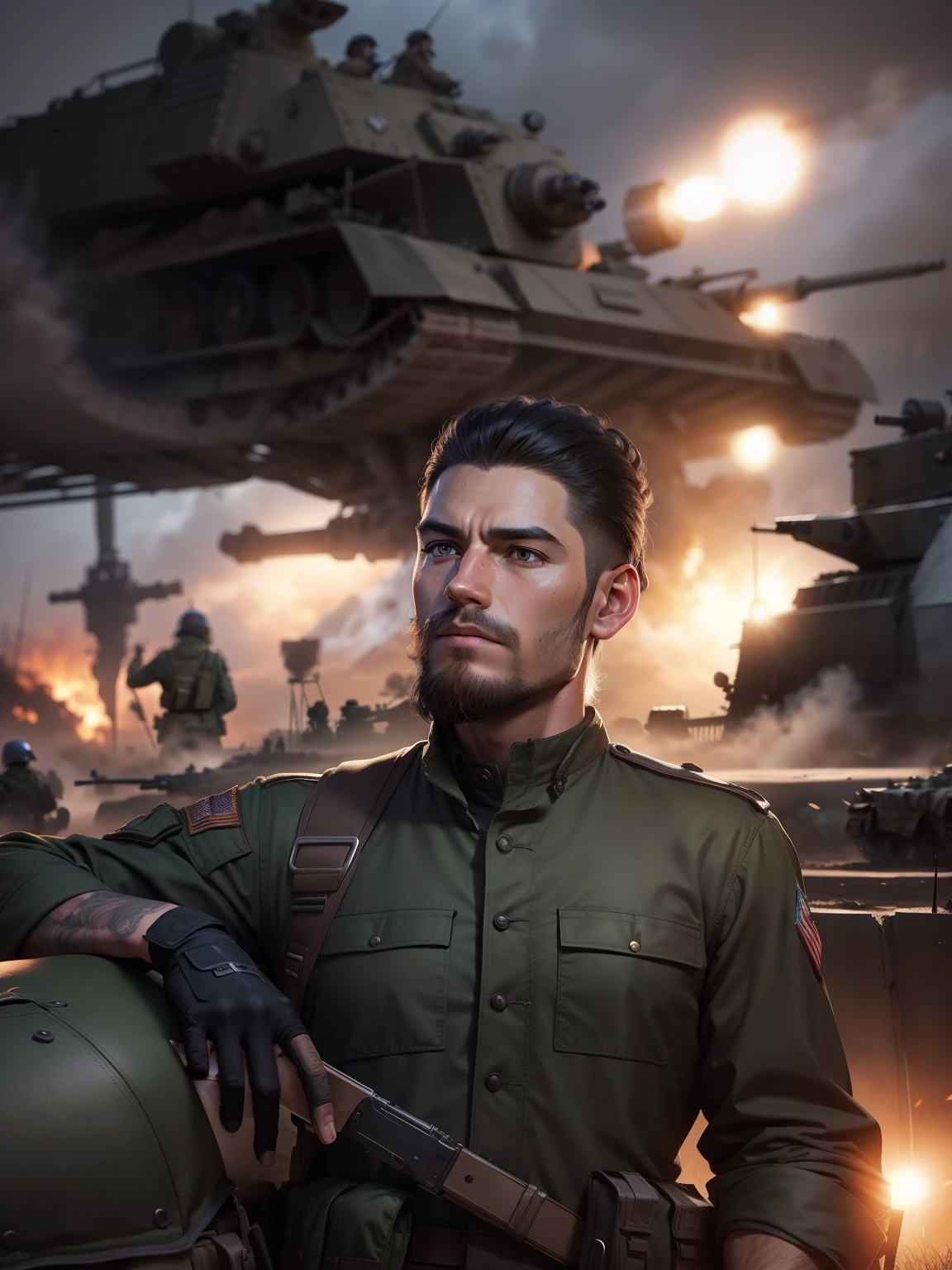 Change background into military battlefield, realistic face, landscape