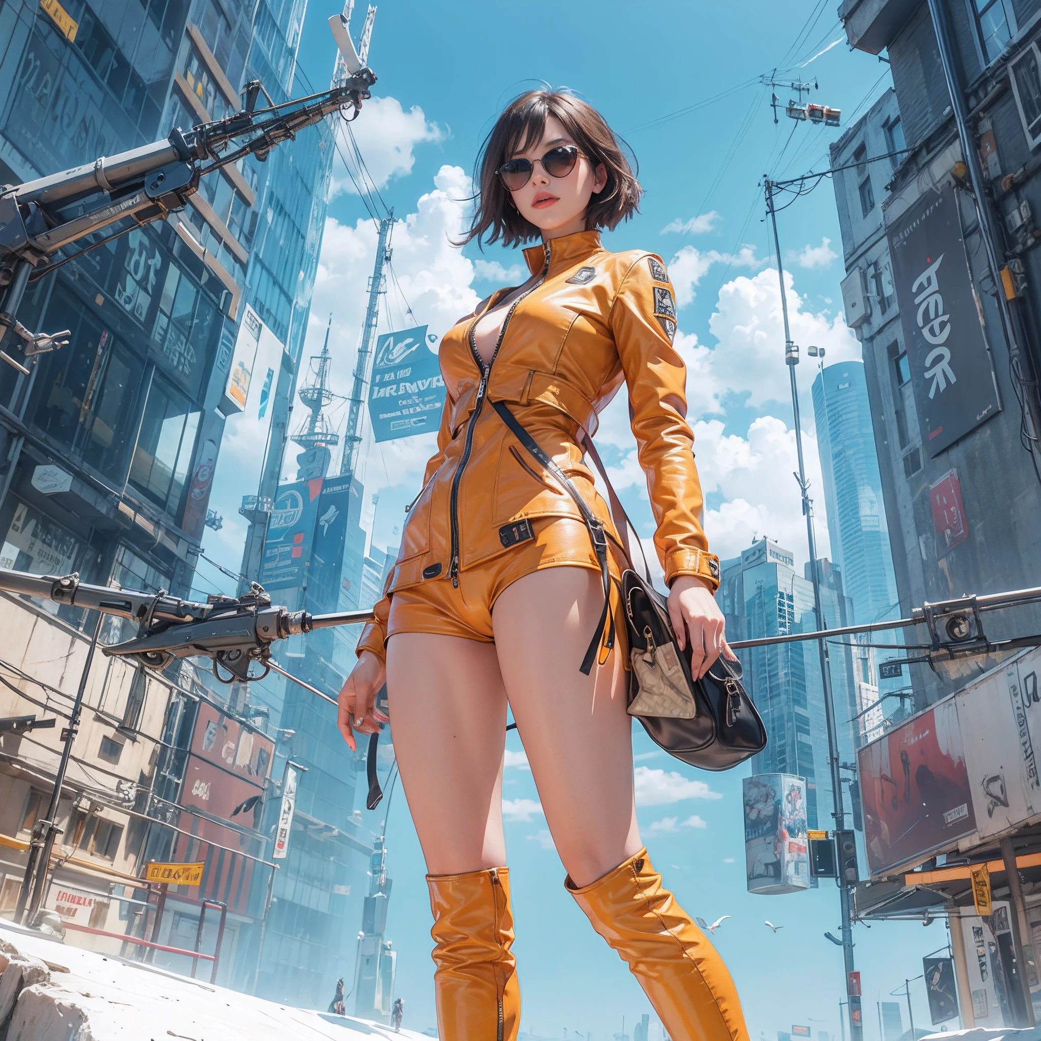 Unreal engine, wearing sunglasses, leather outfit, vibrant colors, reflective coat