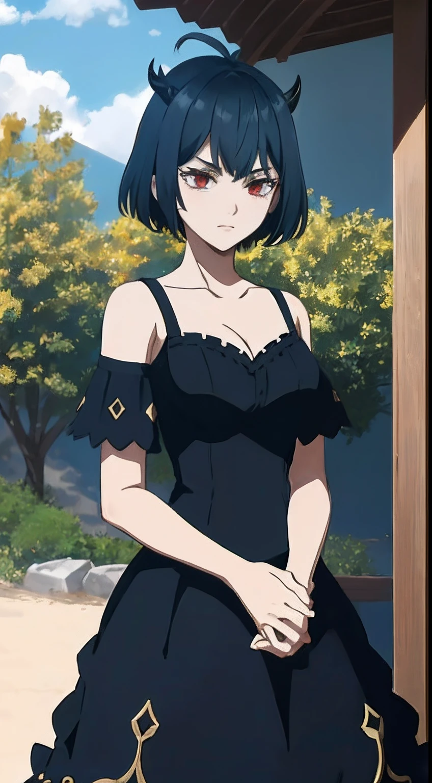 (masterpiece, best quality), intricate details, 1girl, solo, Nero, black hair, short hair, ahoge, red eyes, horns, outdoors, tank top dress, black dress, cleavage, expressionless, looking at viewer,