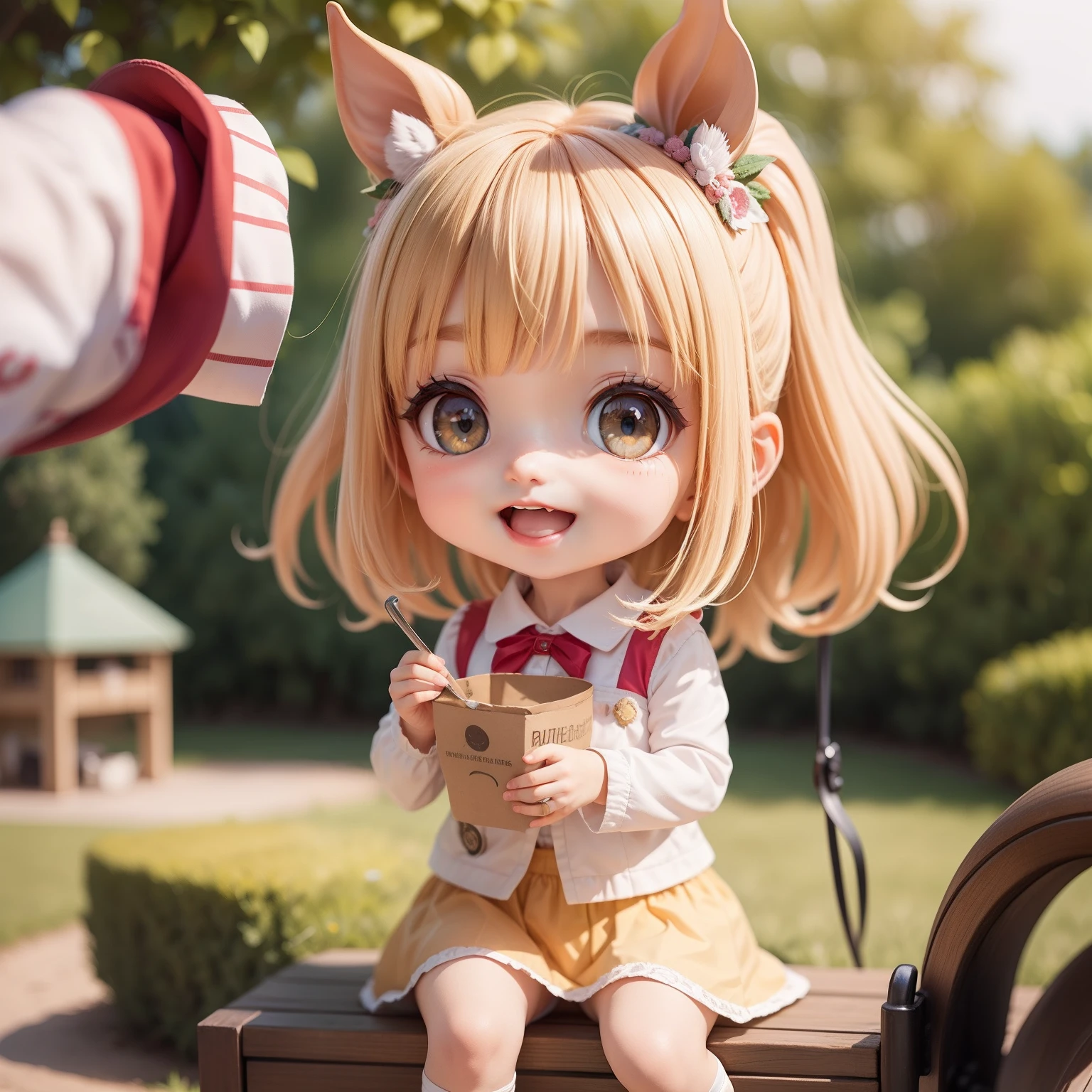 Cute Baby Chibi Anime,（（（Super masterpiece、top-quality、ultra-detailliert、1 girl in、Chibi：1.5）））、outside of house、(horse riding:1.3)、(ride horse🏇🏇🏇:1.2)、Smile with open mouth、Small face、Looking at the camera、A detailed face、highdetailskin、Natural yellow Sauvage hair、Steppe in fairytale land（Chibi：1.4）