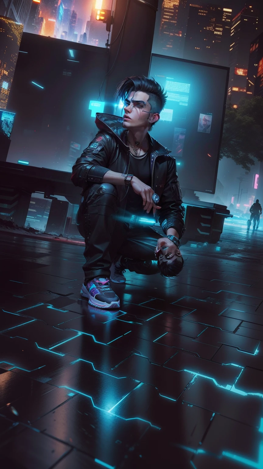 Change background cyberpunk handsome boy, realistic face, 8k, ultra realistic