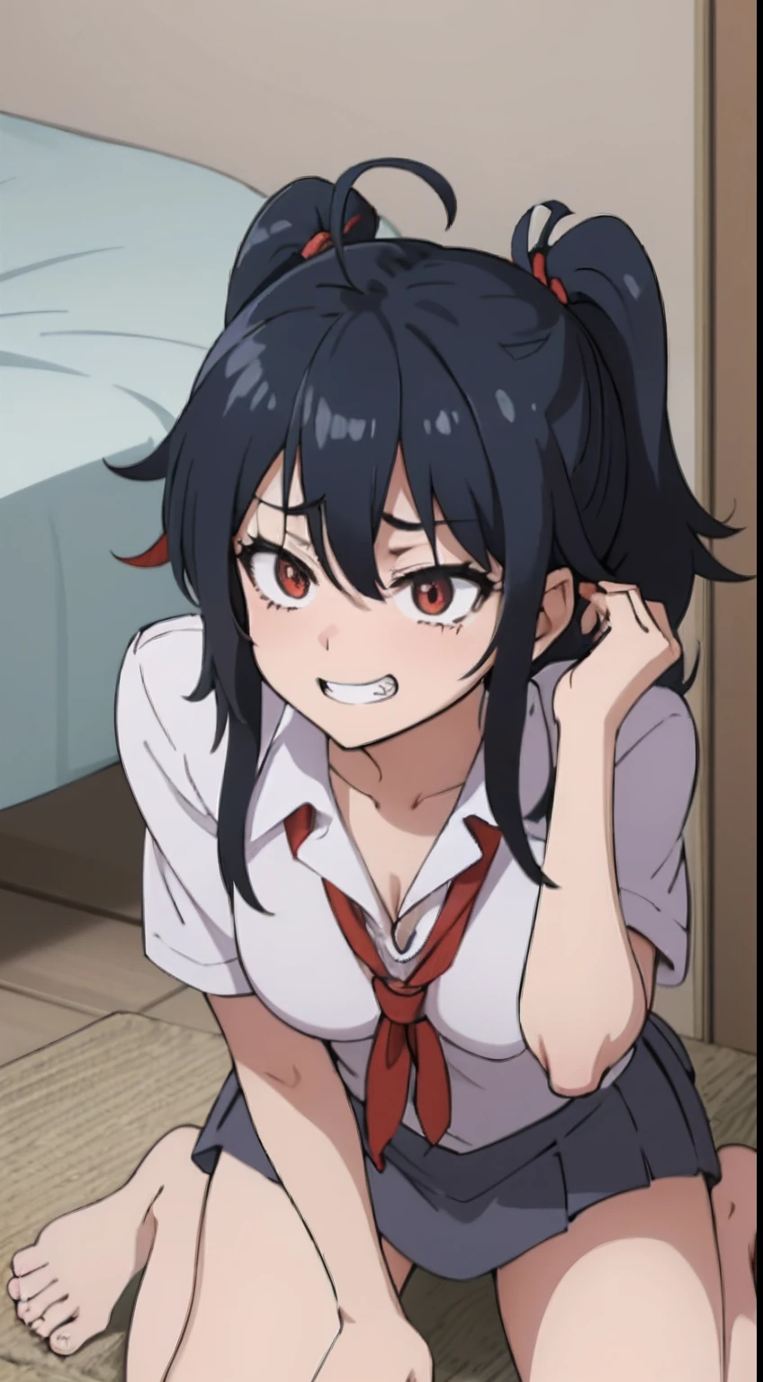 (One teenage girl) with black hair, unkempt hair,,,, messy  hair, red tired eyes, In Japanese school uniform, bare feet. bags under eyes, Lots of eye shadow,, yandere, Crazy evil smile with teeth, In the background of an ordinary home room