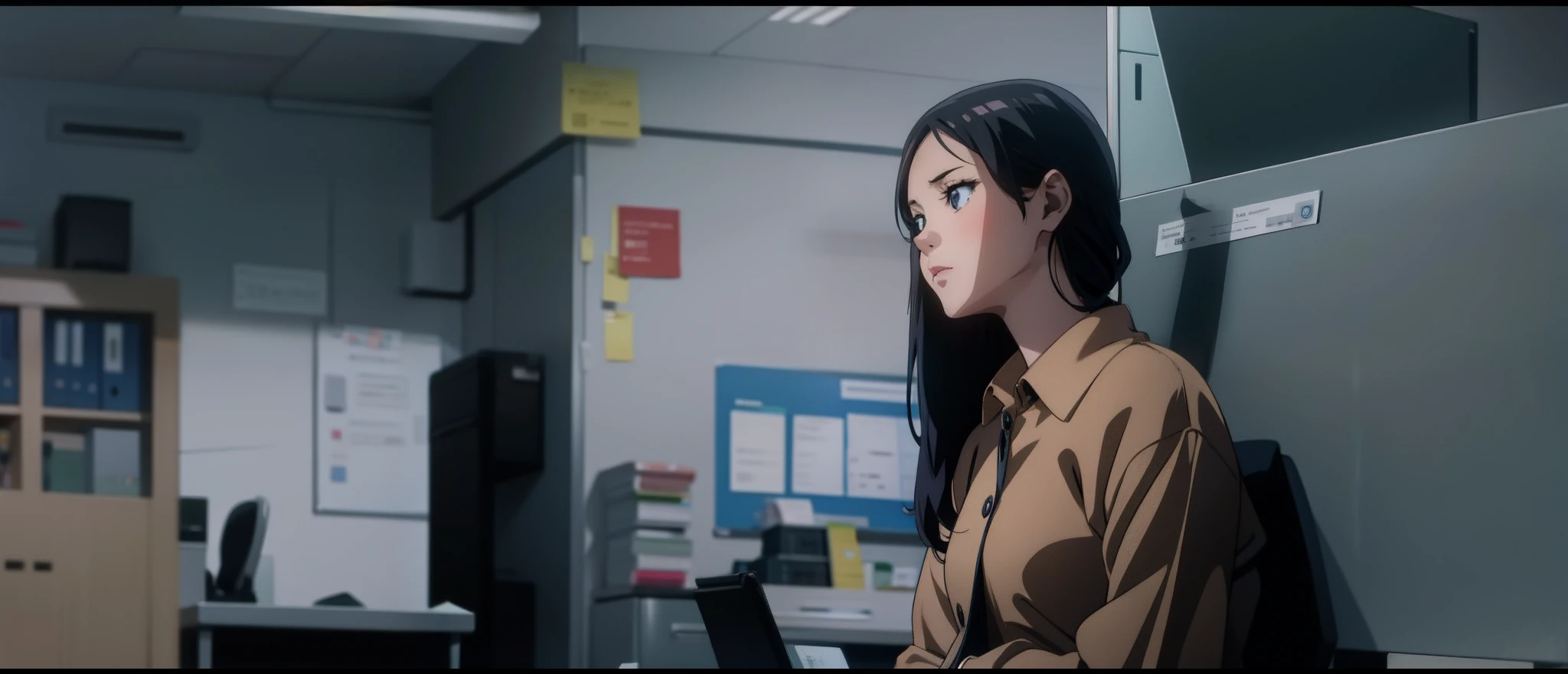 Anime scene,a girl speaking, office background