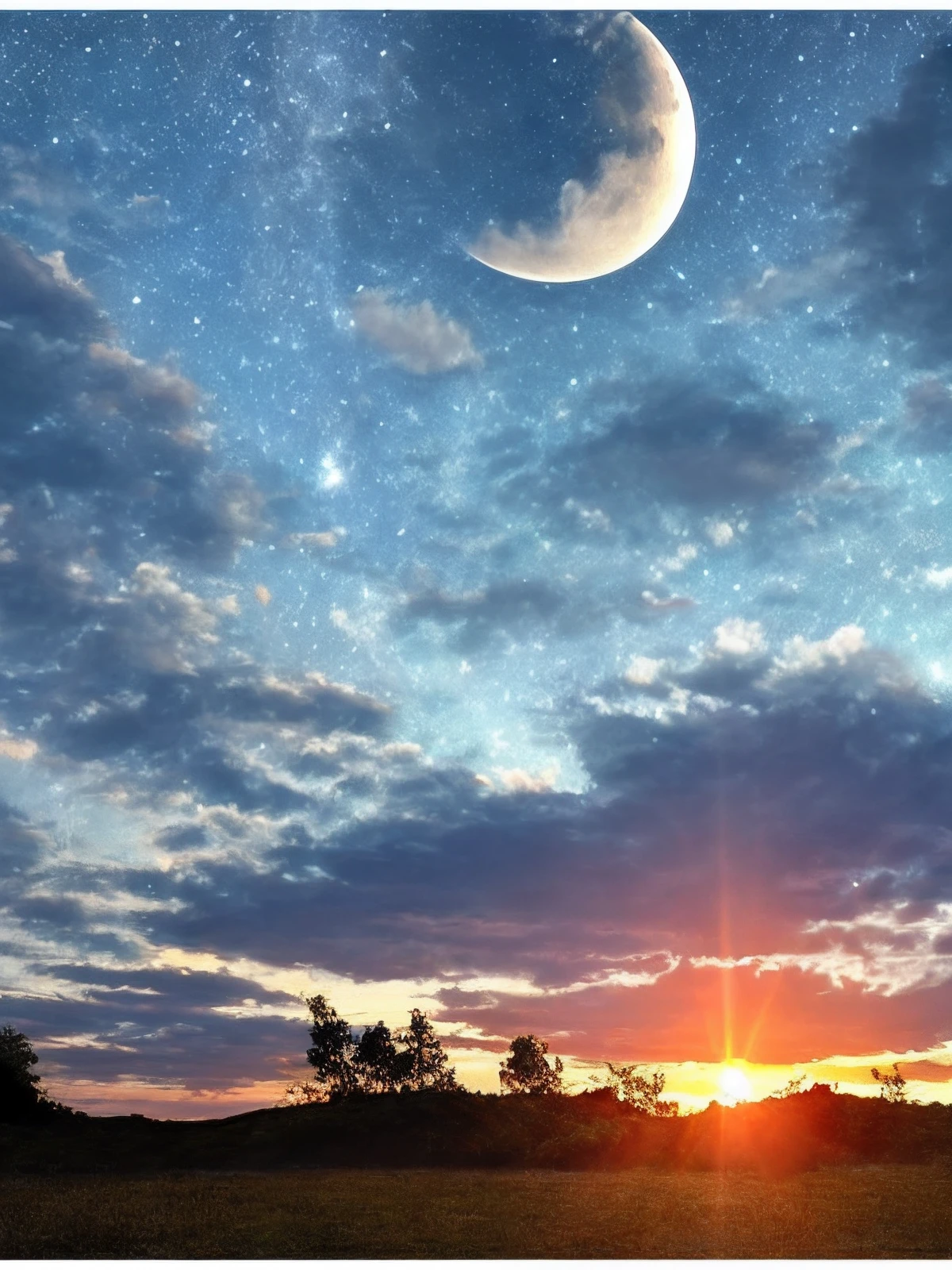Blue sky, white clouds, sunset, stars, moon, sun