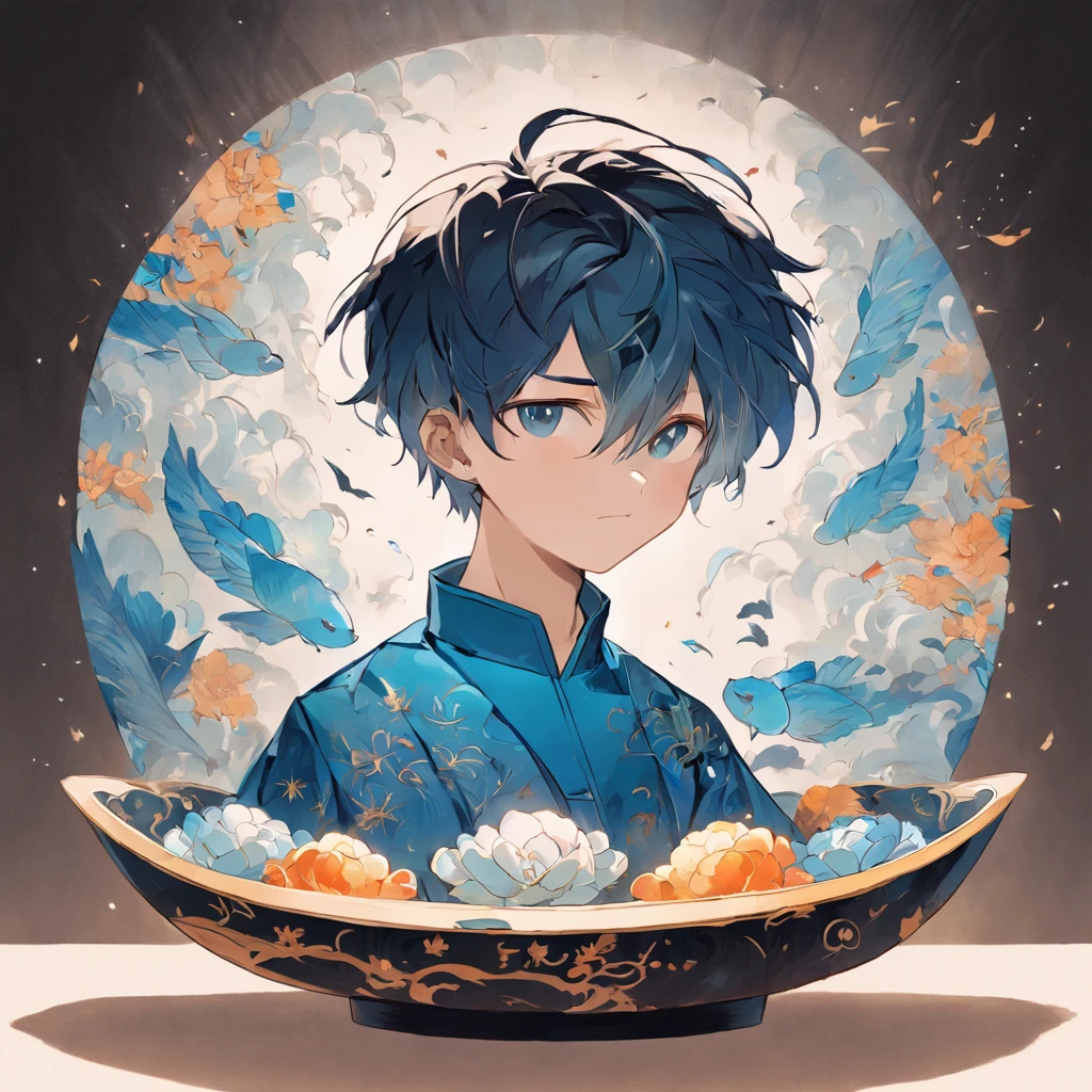 (White background:1.4),(Silhouette of a boy's head, Eyes closed, Short blue and bowl hair, Oriental elements),(Chinese illustration:1.3,paper art:1.3, Quilted paper art:1.2),( Reasonable design logo, Clear lines, High sharpness,Best quality, Very detailed, Masterpiece, movie light effect, 4K ), bowl haircut, undercut hair