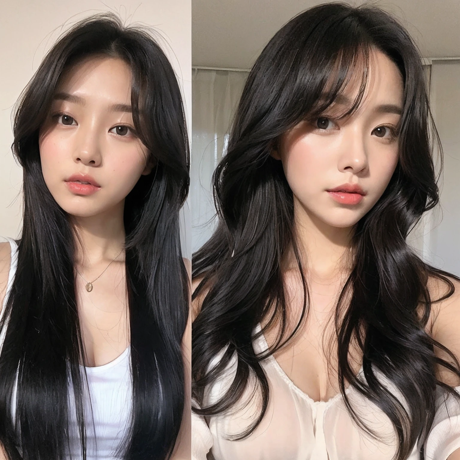 Loose and permed medium hair, Korean, above the shoulders, black hair, realistic appearance like a photo