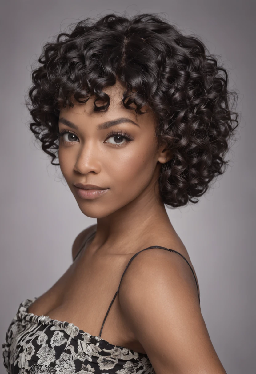 African-American girl about 40 years old 8 inches long curly hair, curly and short top hair, Short black curly hair, Short curly hair, curly bang, very short curly hair, Messy curls, Curly Black Hair Natural black hair,