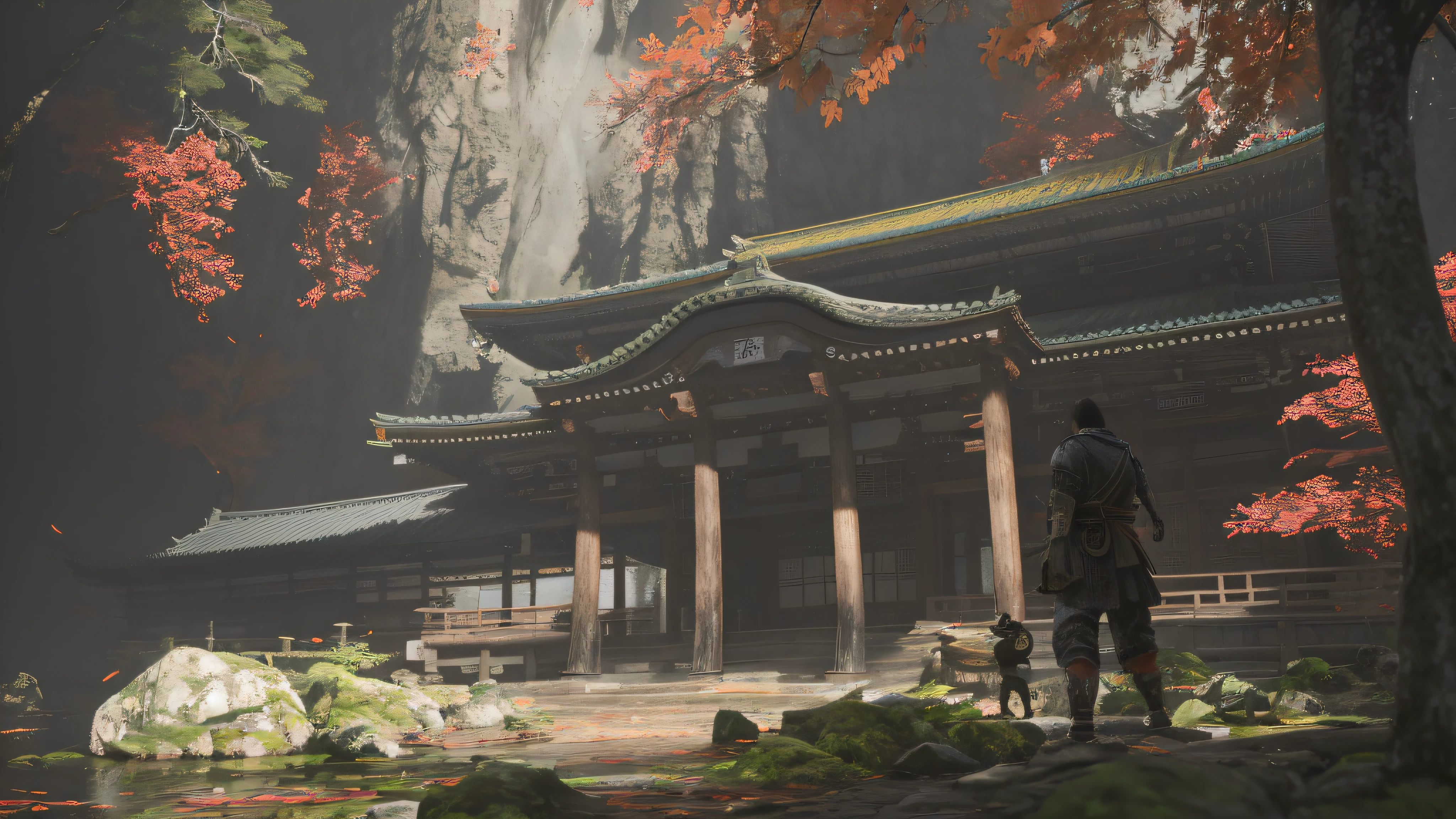 There was a man standing in front of a building in the forest, dojo on a mountain, cyberpunk japanese temple, sekiro mountain, ghost of tsushima, inspired by Nōami, highly detailed environments, japonisme 3 d 8 k ultra detailed, mysterious temple setting, akihiko yoshida. illusory engine, japanese temples, secret overgrown temple
