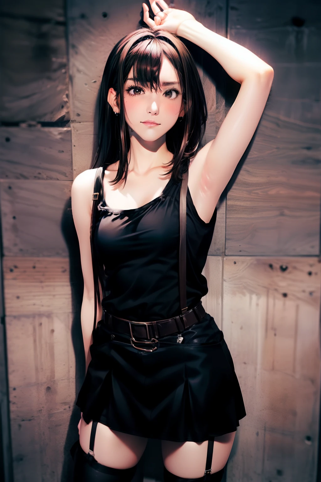 Black skirt, Black Tank Tops suspenders, Brown hair short, Gray eyes, Garter belt on the legs, Big, tight clothes, a belt Armpit sweat deadpan