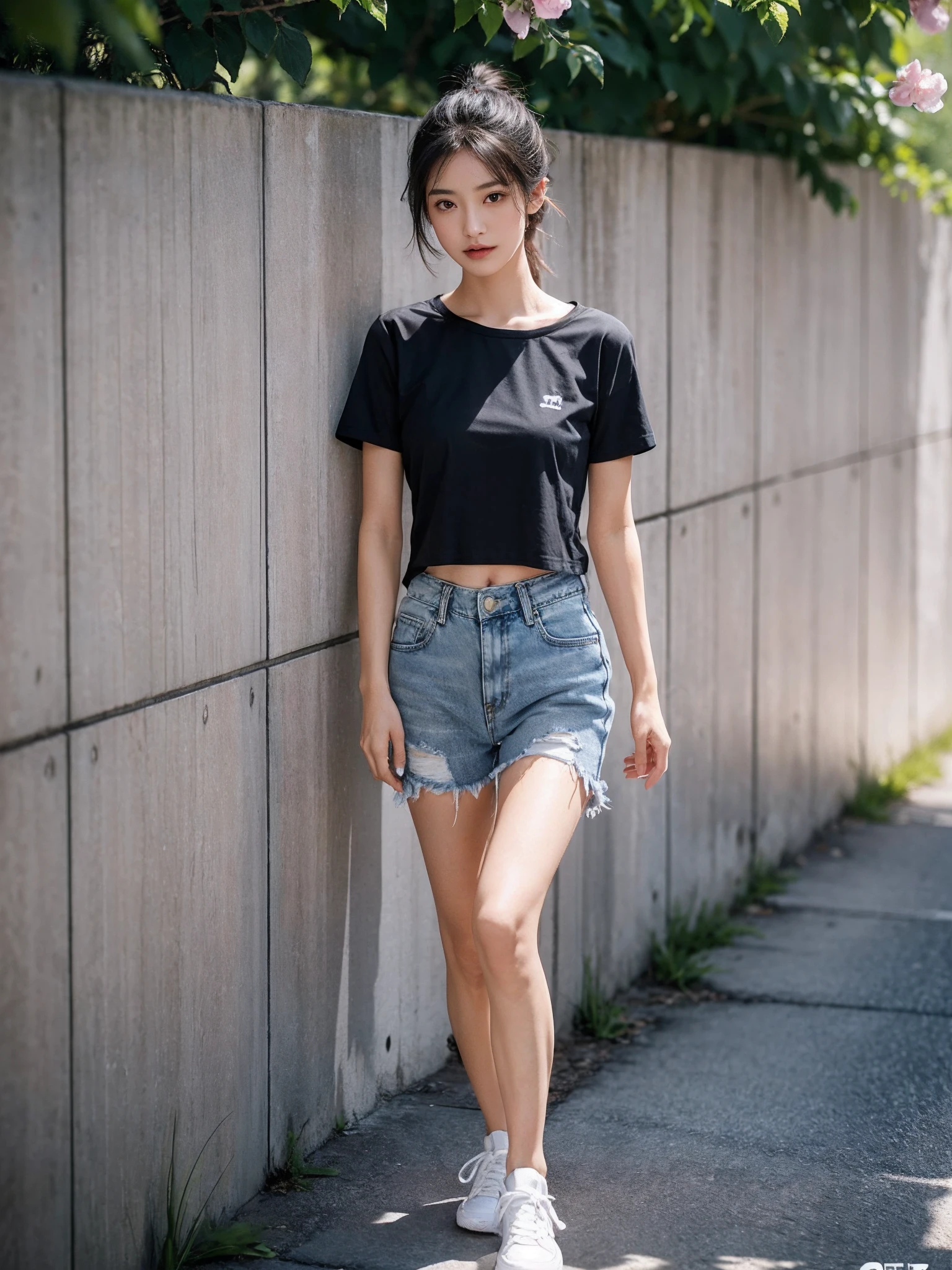 ((smallunderboob,Tomboyish,small heads)), (Well-defined abs: 1.1), (perfect bodies: 1.1), (short-length straighthair: 1.2), Black hair, upper body photos, attractive collarbone，（极其细致的CG 8k壁纸），（Extremely refined and beautiful），（tmasterpiece），（best qualtiy：1.0），（超高分辨率：1.0），beautiful light up，Perfect lightning，realistic shaded，[A high resolution]，Smooth and flawless fair skin，ultra - detailed ，Elongated legs，flatchest，Slim，emaciated，Short ponytail hair，A short-sleeved black-and-gray T-shirt with pink flowers in a loose fit style，denim short，White sneakers，夏天，eventide，A sea of people，at the doorstep of a school，Outside the walls，are standing，outside，Tree-lined roadsides